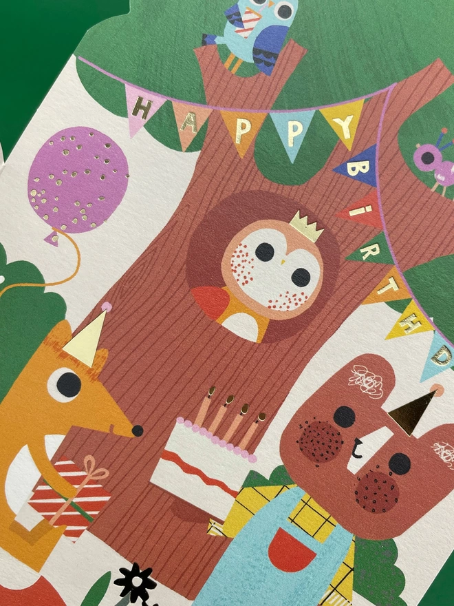 A closer look at the gold foil details on the colourful children’s birthday card