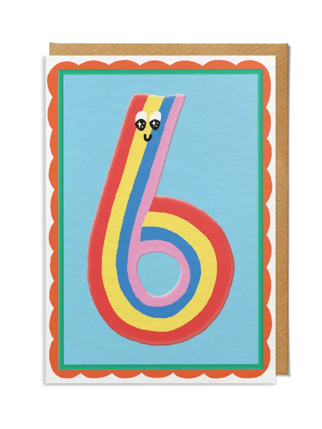 6th Birthday Card, Smiling Rainbow Unisex Number