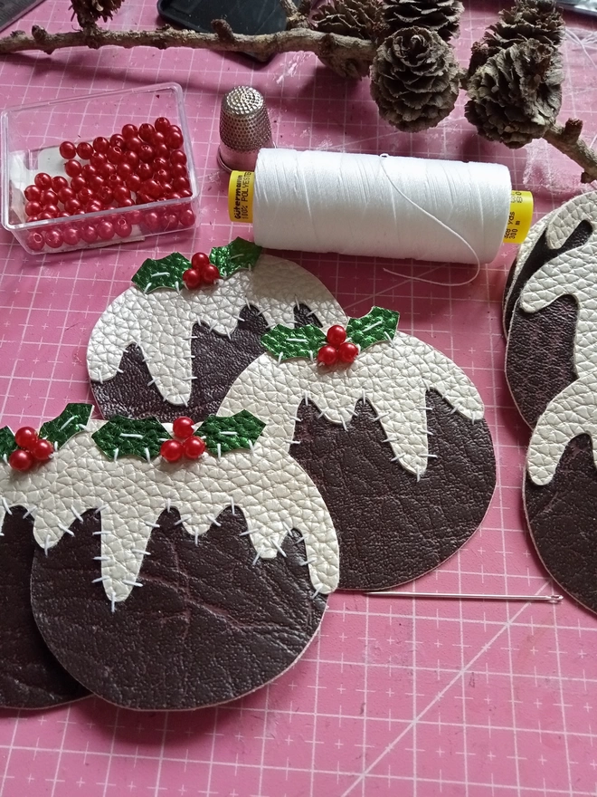 Faux leather christmas puddings work in progress