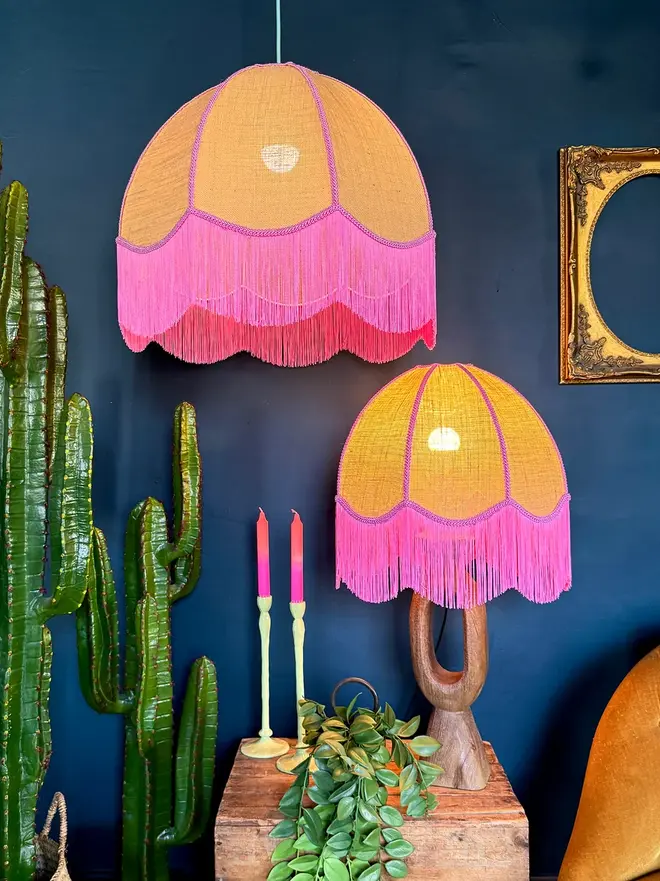 Fringed Dome Hessian Lampshade With Pink Trim