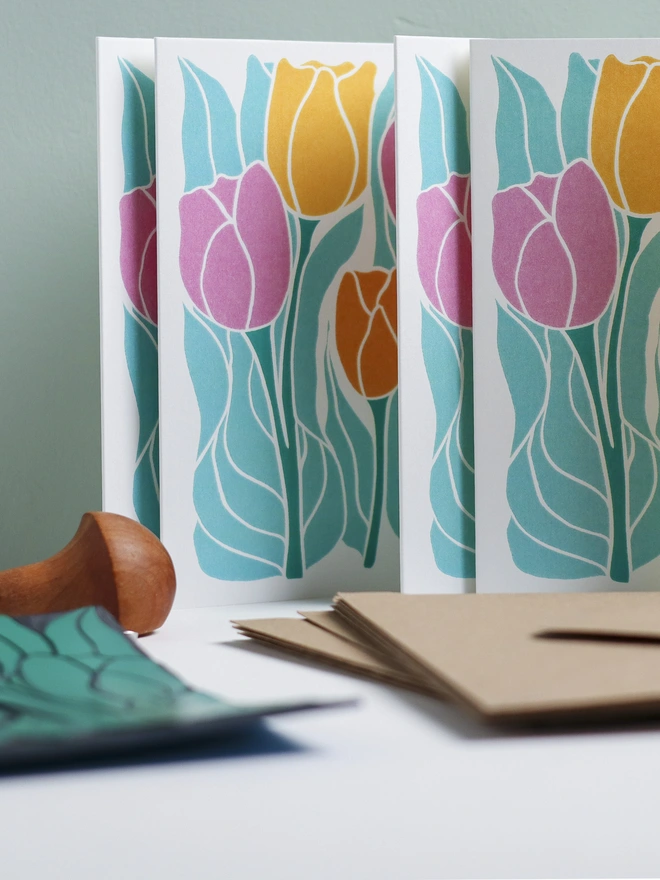 Colourful spring tulip linocut note card set