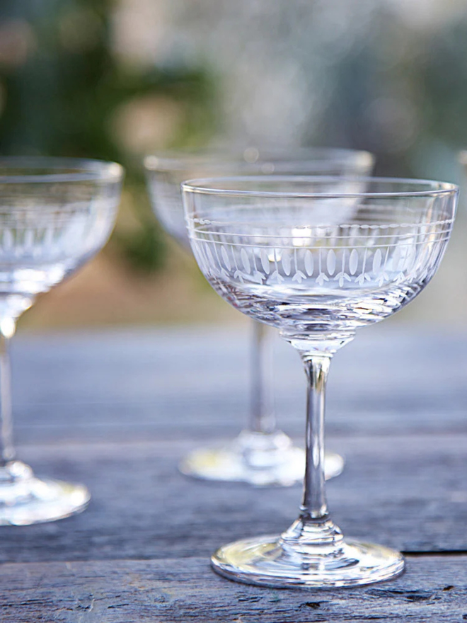 engraved ovals crystal champagne saucers. a round champagne glass engraved with a delicate oval pattern.