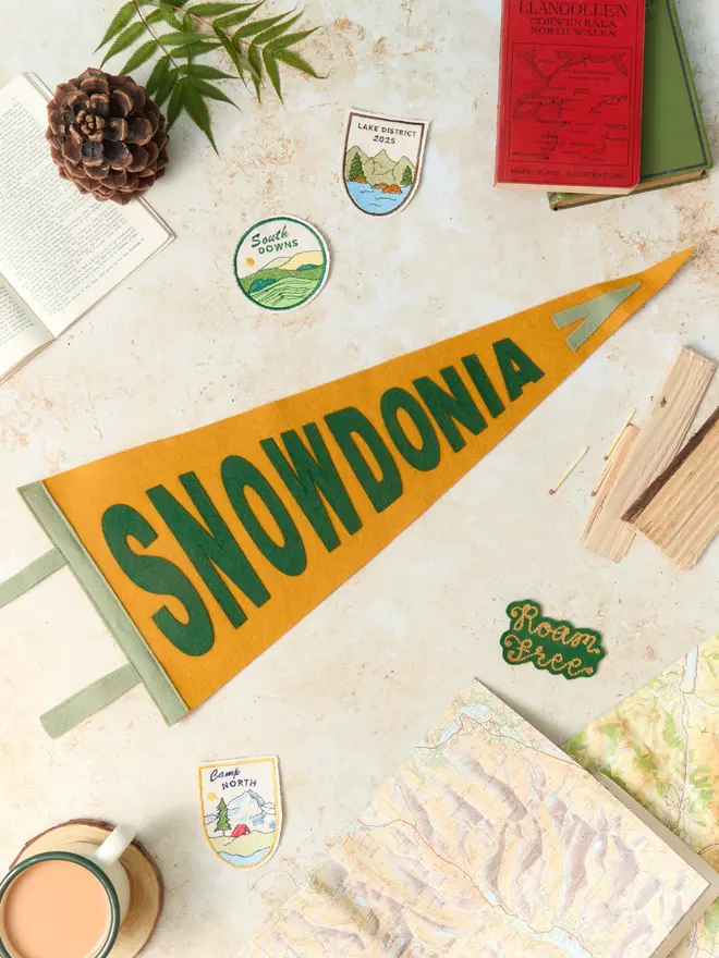 Snowdonia pennant flag in mustard and green laying flat on a stone backgrouns with props