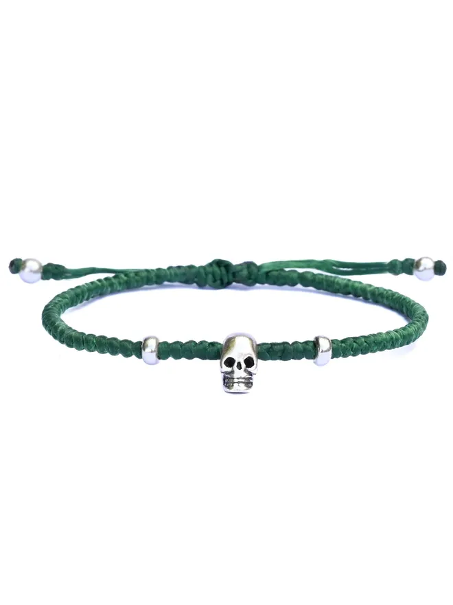 green waxed cord bracelet sterling silver skull charm women's UK
