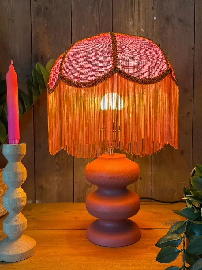 Pink Hessian Petal Lampshade With Pumpkin Fringe
