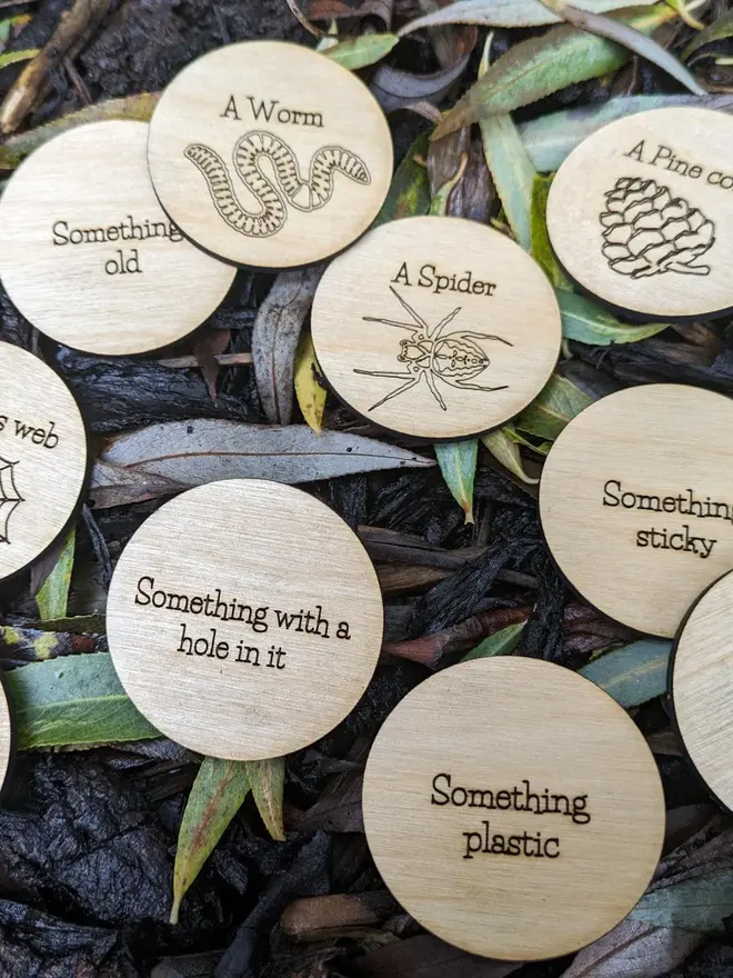 Wooden Nature Trail scavenger and mindfulness discs engraved with prompts and nature illustrations, scattered on leaves and forest floor.