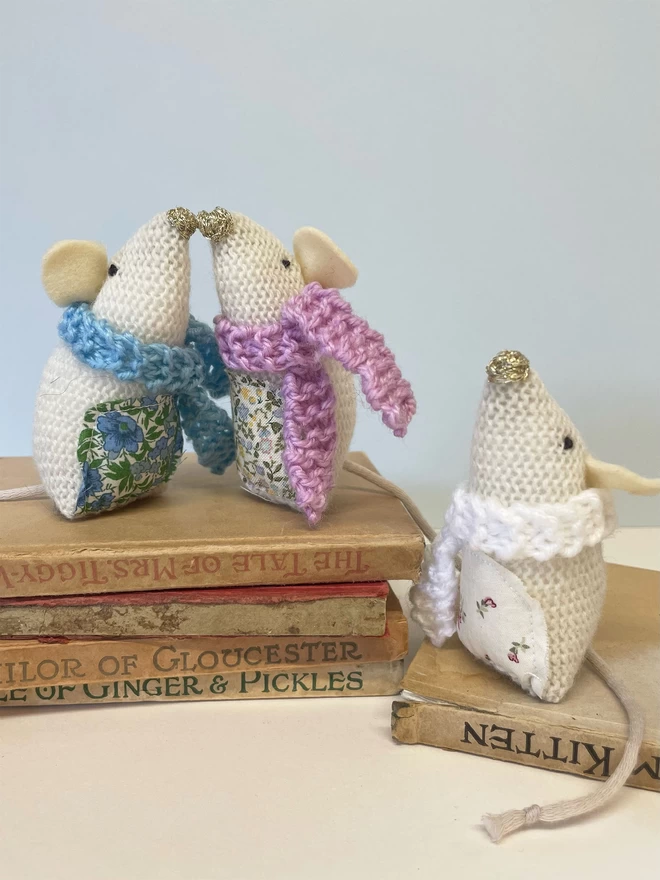 Christmas Mice with Hand Knitted Scarves.