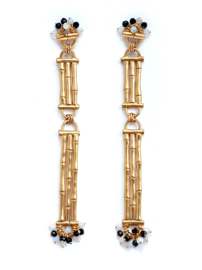 Gold Vermeil Bamboo bar drop earrings with black & white gemstone beads