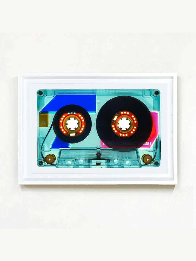 Blue Cassette Tape Pop Art Print framed in white