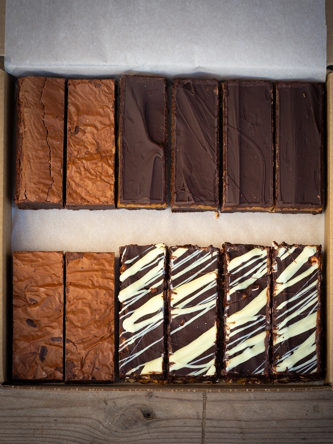 Box showing 12 slices of chocolate traybakes