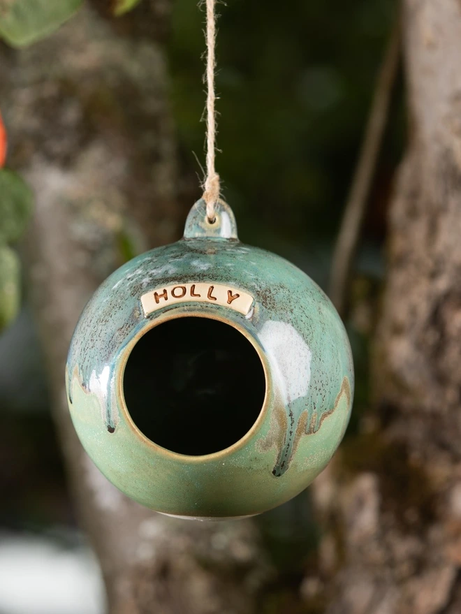 Personalised Water Moss Globe hanging from a tree personalised with the name 'Holly'