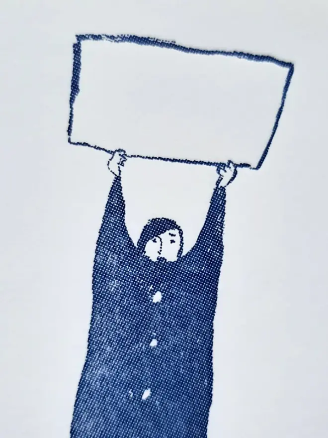 Blank Message Letterpress Handprinted Blue Greetings Card, a white card with a blue design. 