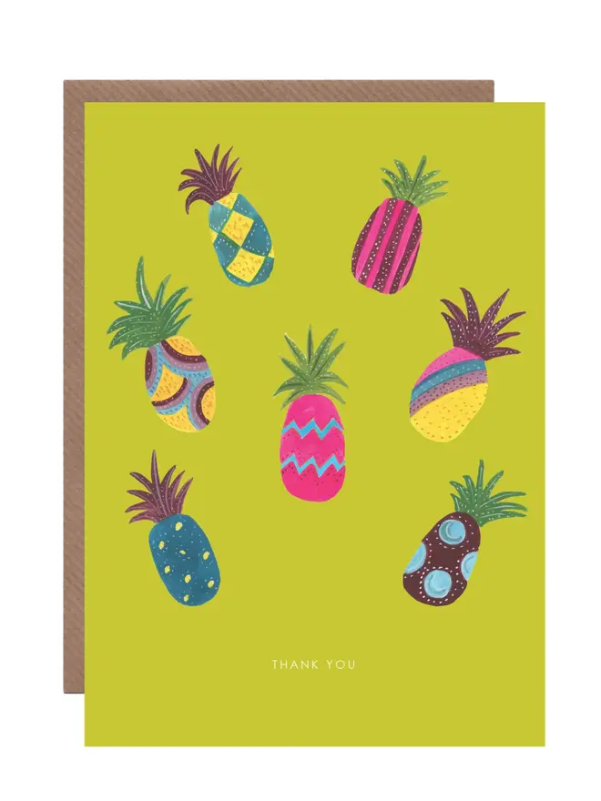 Thank you greeting card bright pinapples on a bright green background comes with a brown envelope pack of 5