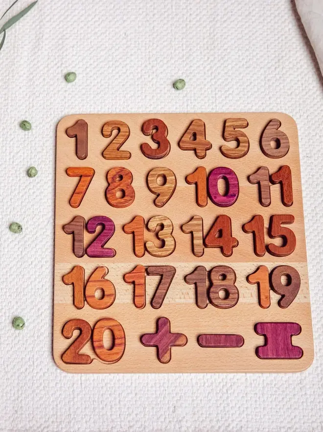 Extended Wooden Number Puzzle Heirloom Toy, on a table. 