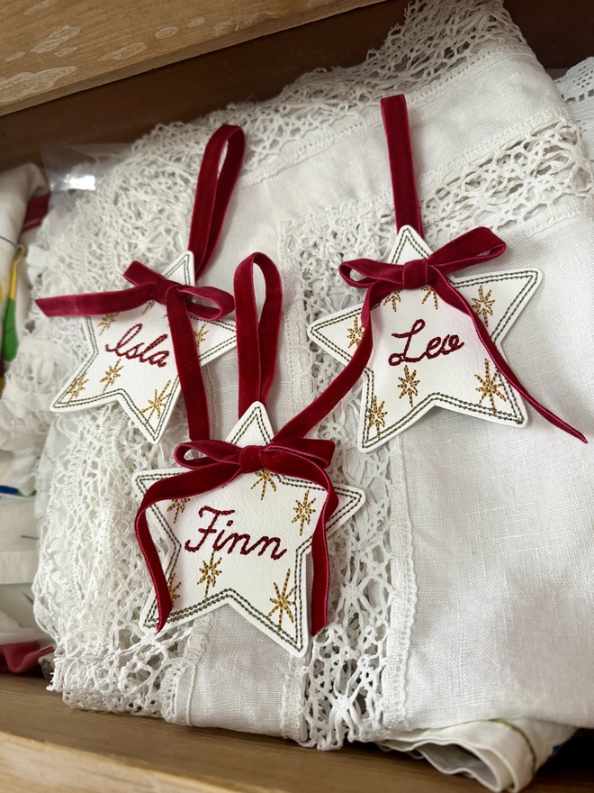 Star embroidered personalised Christmas tree decoration