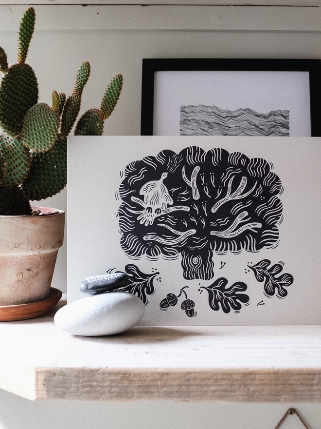 Oak tree art print in black and white with a lino cut style