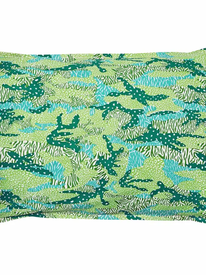 Green Big Cat Camo Duvet Cover And Pillowcase, a green pillowcase sitting on a white backdrop. 