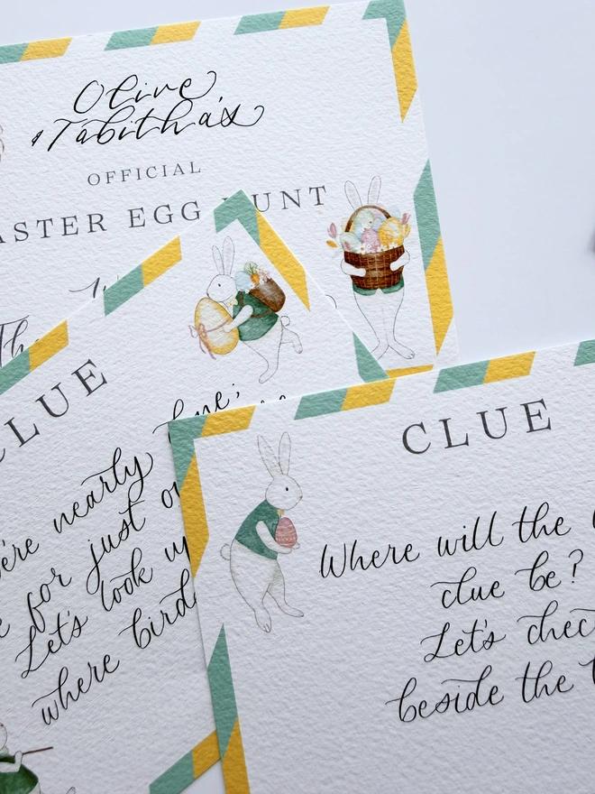 Easter Bunny illustrated egg hunt cards. Personalised with child's name on first page. 