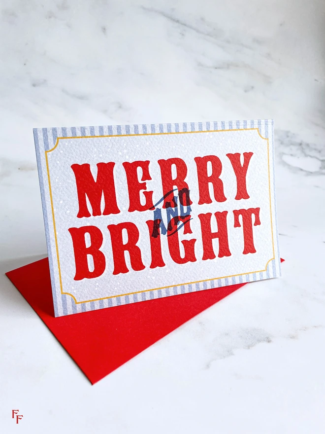 'Merry and Bright' charity christmas card, blue and red, vintage aesthetic, flora fricker