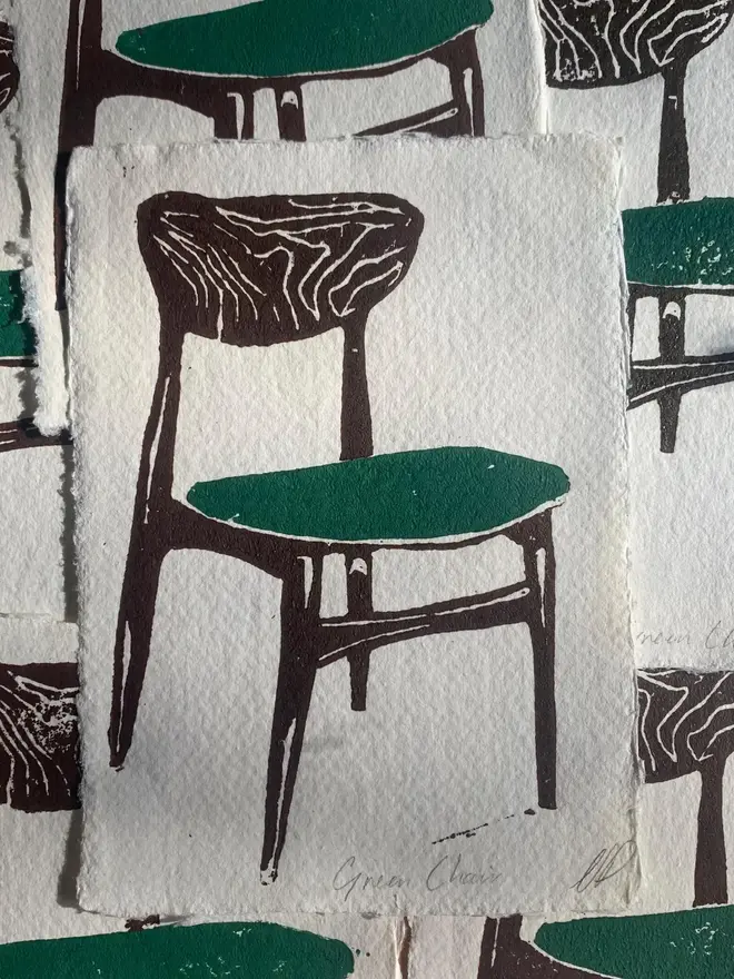 Lino Print Vintage Green Chair On Handmade Paper