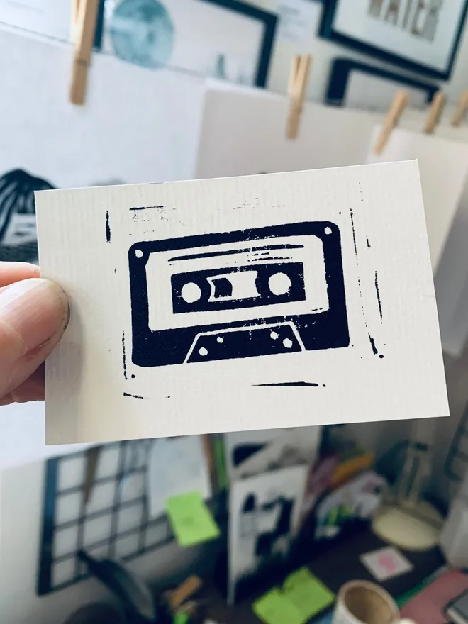 cassette tape lino print