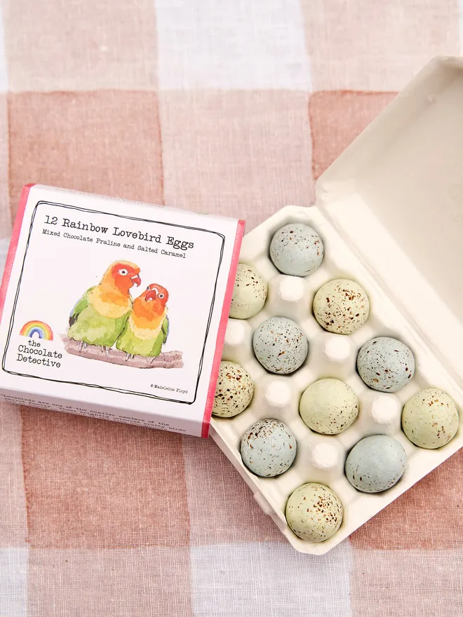 Rainbow Lovebird Eggs (Box Of 12), a box of rainbow love bird chocolate eggs 