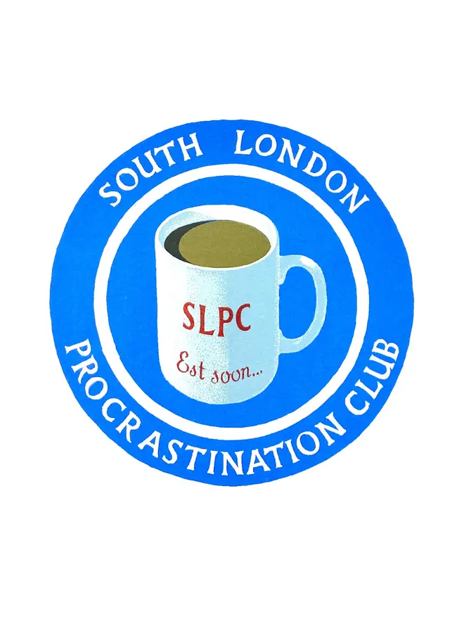 Blue 'South London Procrastination Club' screen print with a mug in the center on a white background. 