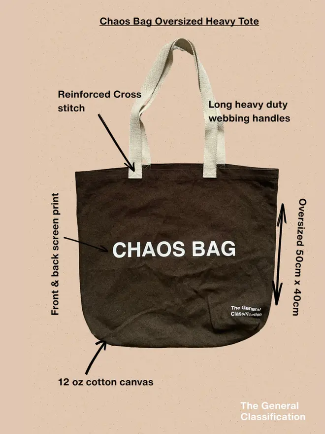 'Chaos' Tote Bag, being worn., with labels. 