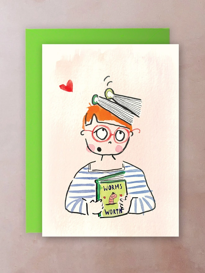 A cute watercolour of a booklover balancing books on their head and clutching a copy of a book by Wormsworth.