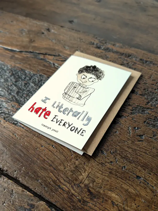 Humorous and cheeky valentine or love card for the one person you don't hate shown at an angle
