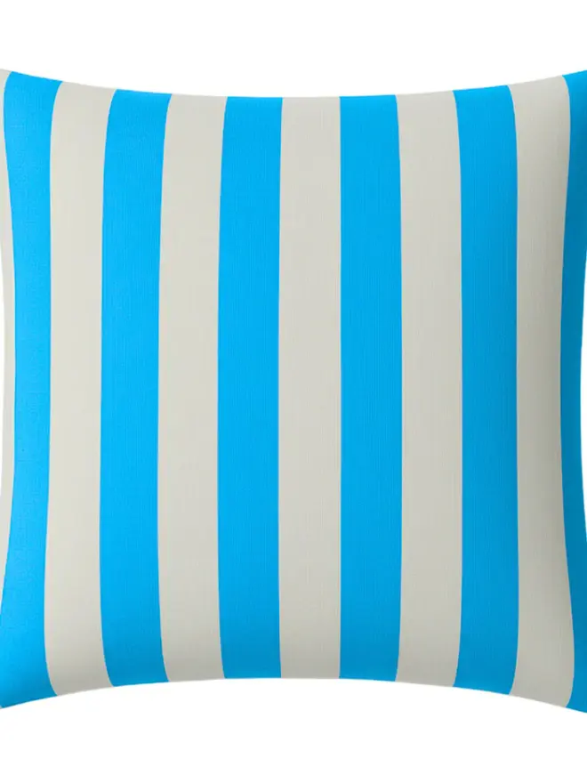Hand Painted Sustainable Linen Cushion In Stripe Print, a neon blue striped cushion against a white background. 