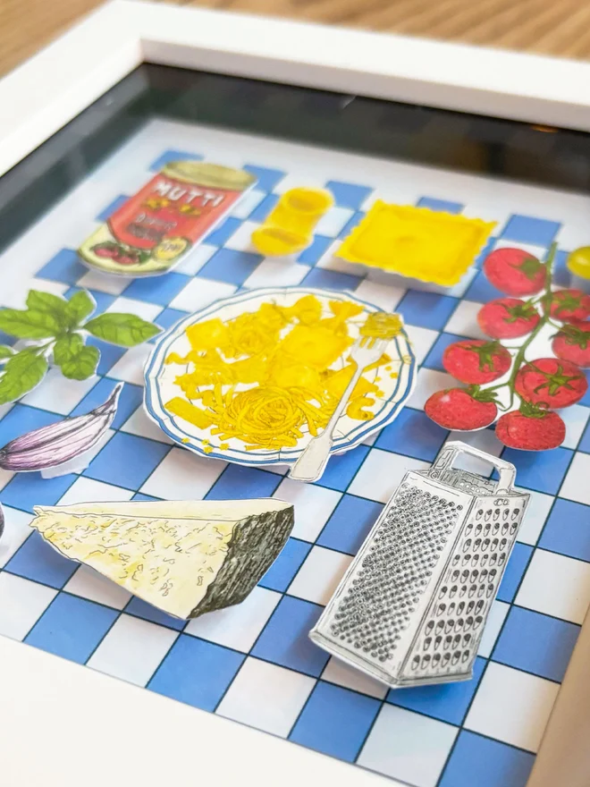 Colourful framed collage featuring Mediterranean food, with vibrant pasta dishes, tomatoes, and olive, cheese and basil set against a blue and white checkered backdrop. Perfect for adding a touch of Italian culinary charm 