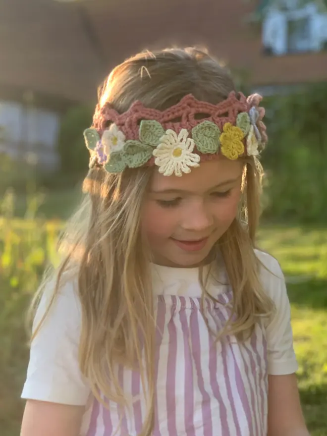 Child wearing Midsummer Solstice Flower Crown sold as a Crochet Kit