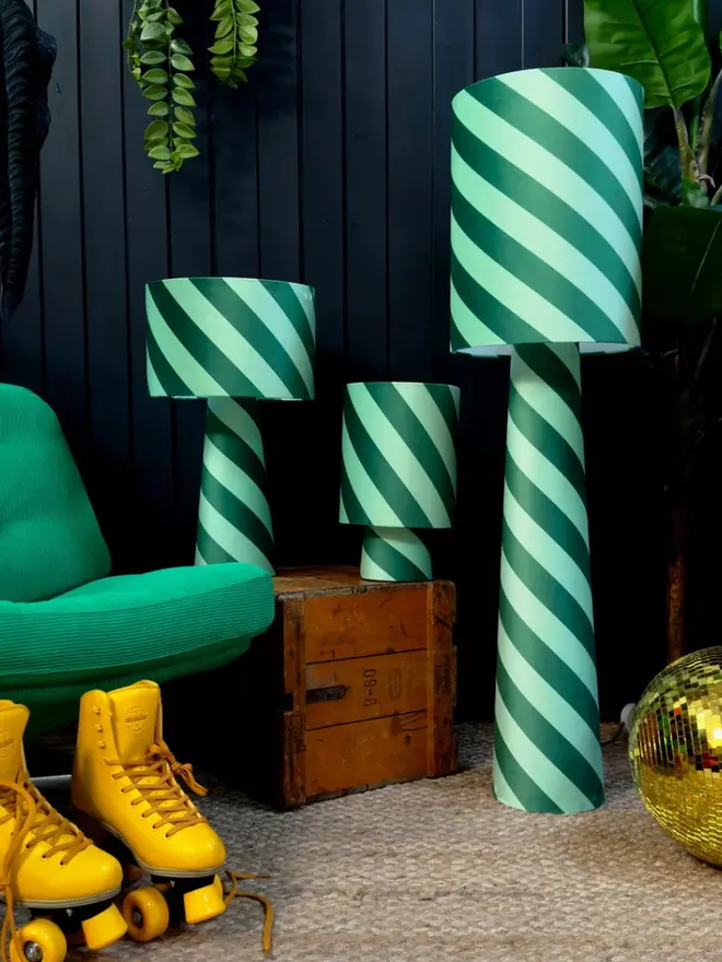 Portable Helter Skelter Velvet Lamps, in a room. 