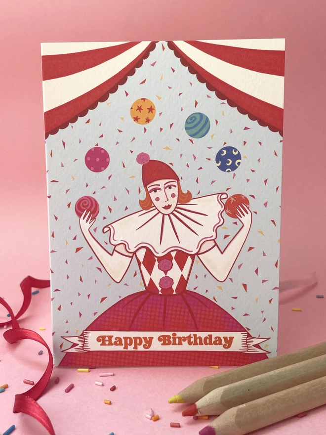 Circus Juggler Birthday Card with pink background