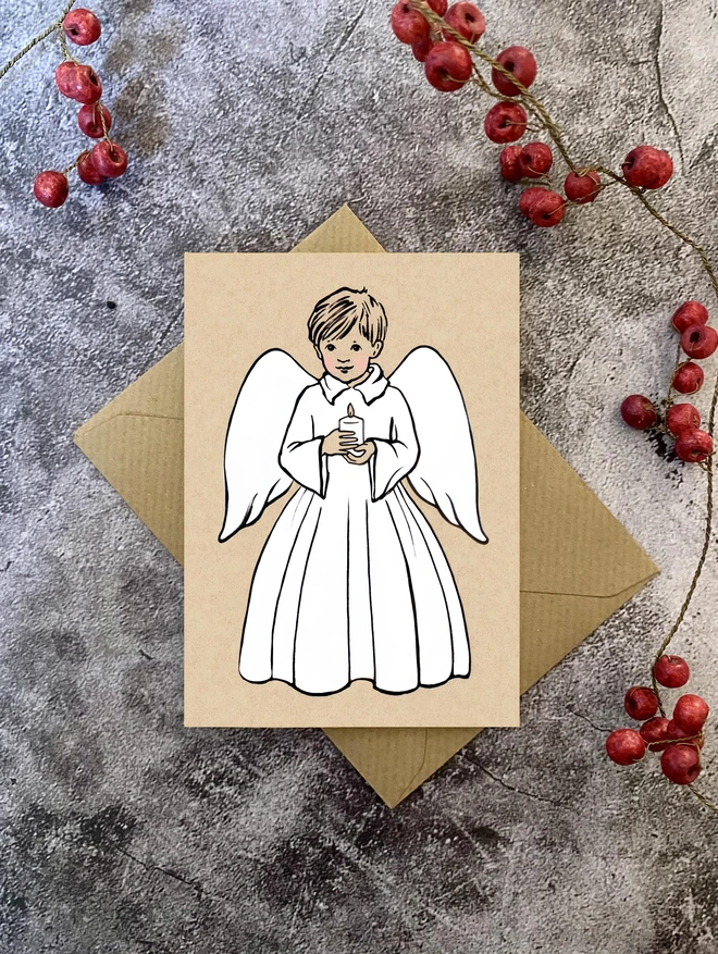 personalised greeting card of an angel boy with a kraft envelope