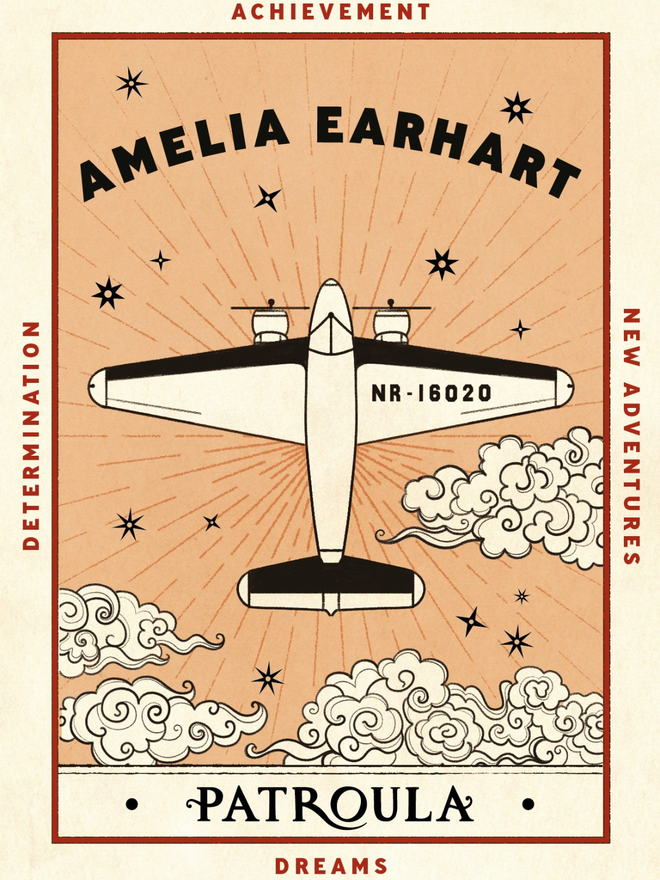 Pale orange illustrated postcard with an aeroplane and clouds and the name Amelia Earhart