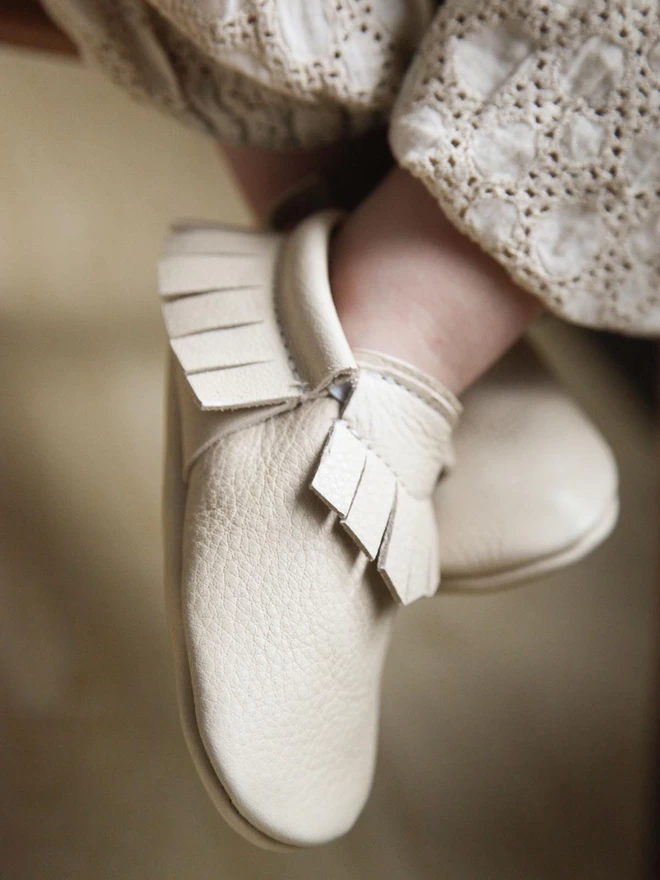 Cream Handmade Leather Baby Moccasins