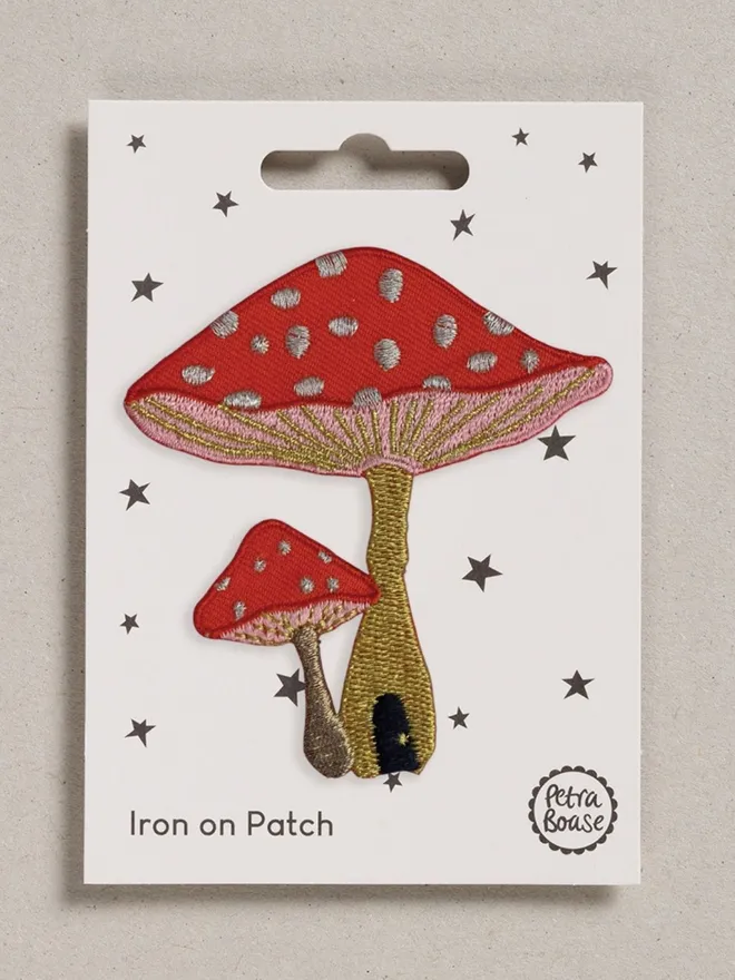 Toadstool embroidered fabric patch with an iron-on backing