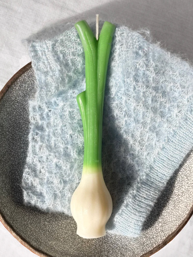Spring Onion Candle. A long, green and white candle shaped like a spring onion.