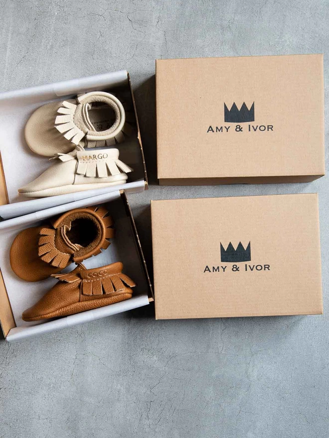 Personalised Amy & Ivor moccasins in branded cardboard shoe boxes