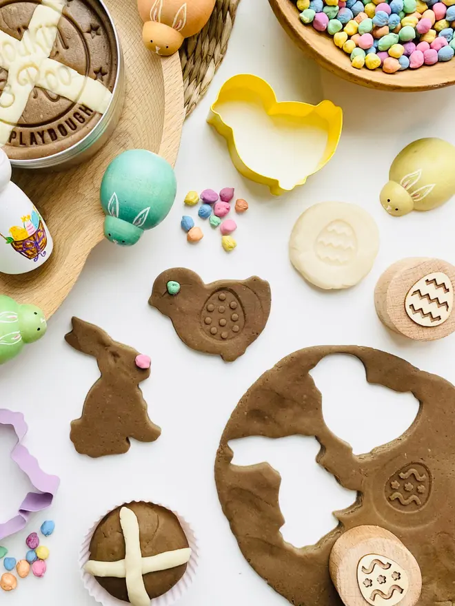 Easter play dough with wooden stamps