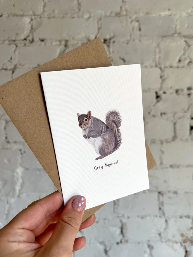 A greetings card featuring an illustrated grey squirrel with a brown kraft envelope
