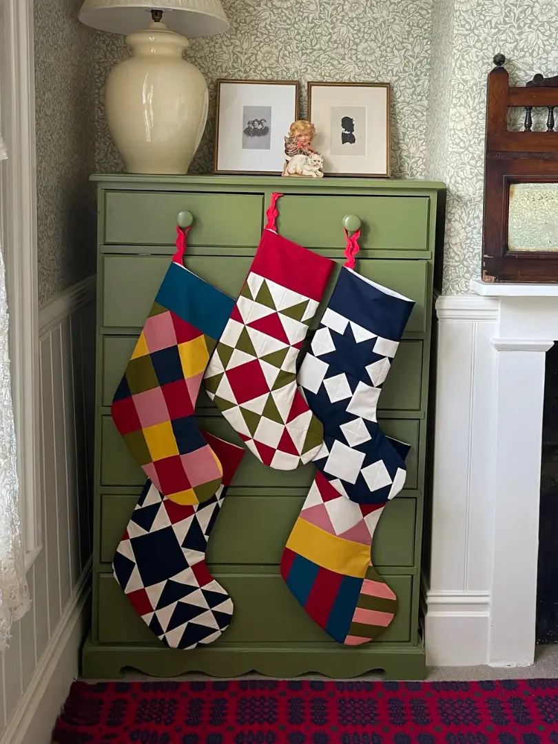 Pagliacci Patchwork Stocking, hanging.