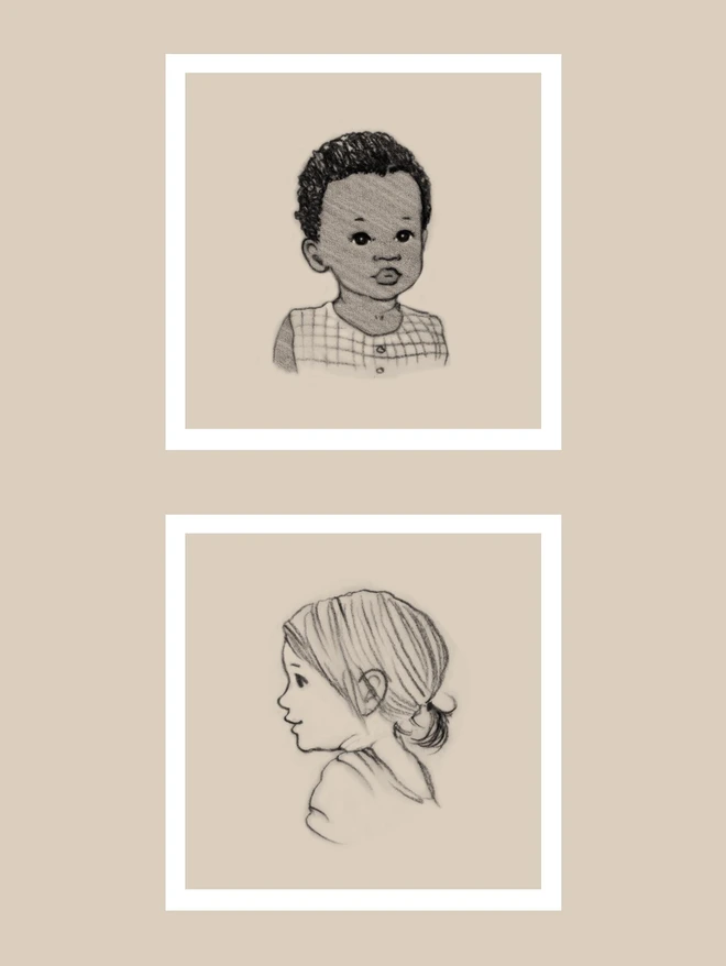 example of miniature hand drawn portraits of children on a sepia back ground a black baby boy and a toddler girl with a pony tail