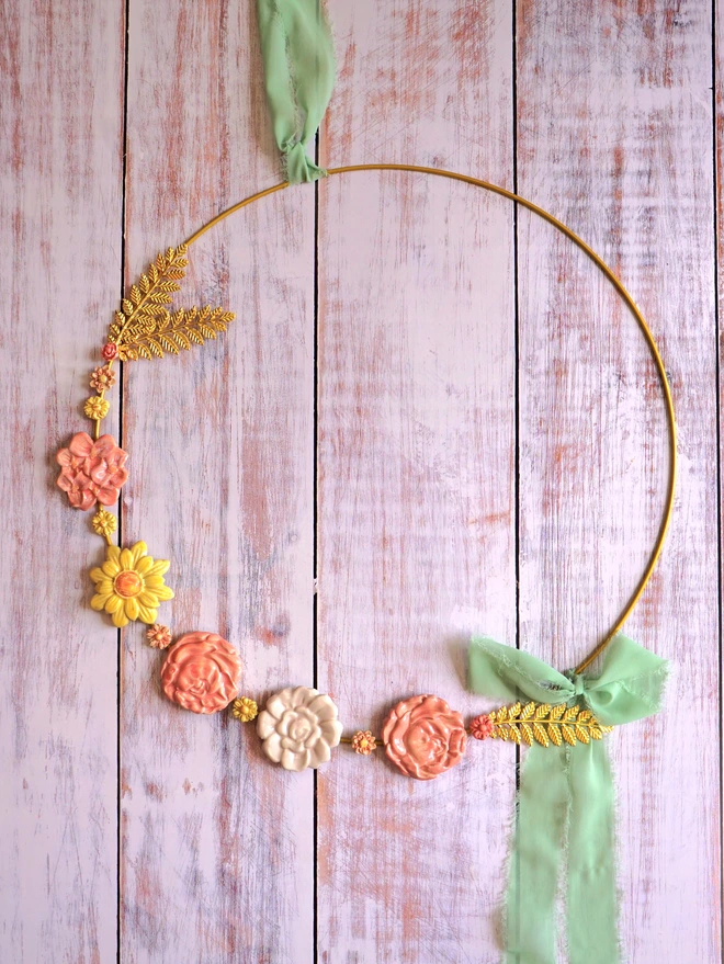 ceramic flower wreath, everlasting wreath, flower wreath, decorative wreath, flower wall hanging, Jenny Hopps Pottery