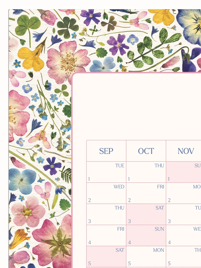 Close-up of a colourful Botanical Academic Wall Planner for September 2026 - August 2027. The detailed floral design features vibrant pressed wildflower specimens, bringing nature indoors. Perfect annual planner for organising, scheduling, and gifting to plant and garden lovers.