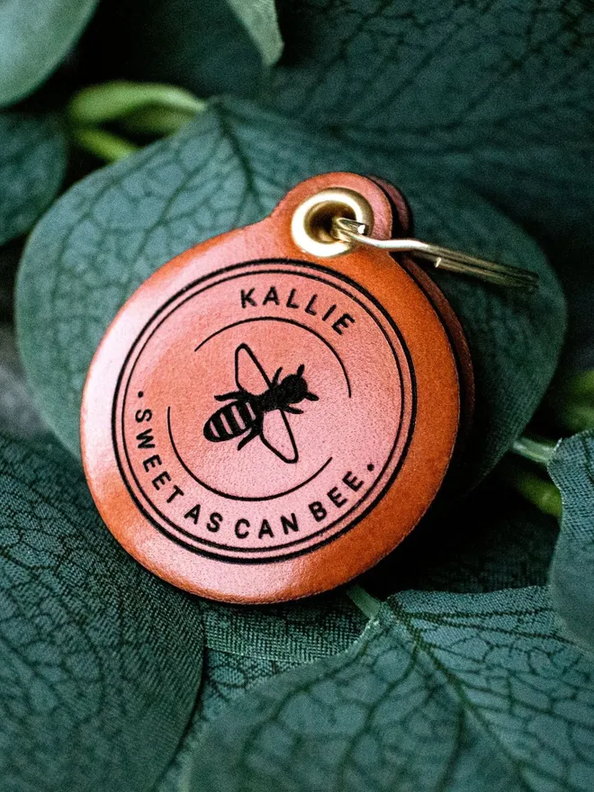 "Sweet As Can Bee" - Double Saddle Tan Leather ID Tag