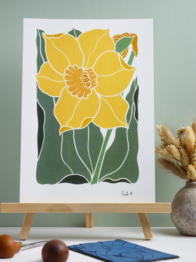 Large daffodil linocut art print, carefully printed on cotton paper.