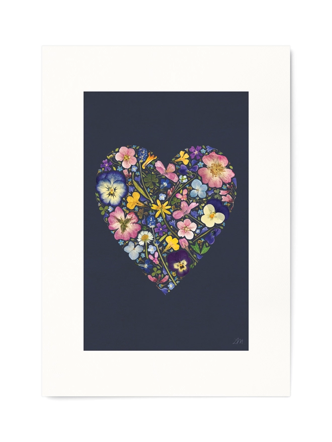 A3 Print of Pressed Flowers arranged in a heart shape, on a dark blue background.